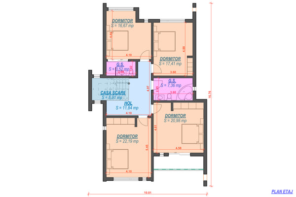 Constructie casa caramida cu etaj fara acoperis zidarie 055 - compartimentare etaj