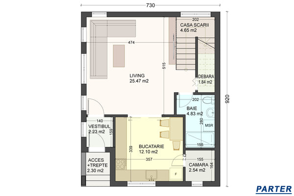Constructie casa cu etaj caramida 3 dormitoare zidarie 120mp - plan de interior parter pentru casa 2 nivele