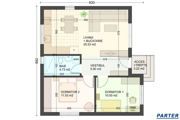Constructie casa parter cu 2 dormitoare din zidarie bca 70mp - schita casa mica parter
