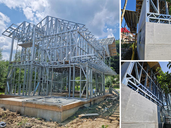 Montaj ferme acoperis si placari exterioare casa metalica pe 2 nivele