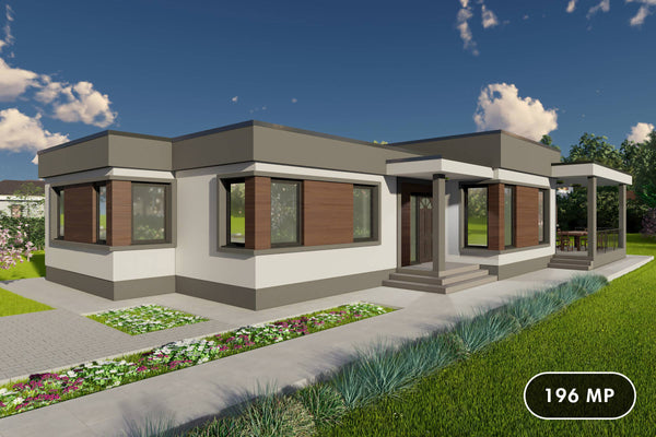 Proiect casa pe structura metalica 4 camere cu acoperis plat - design exterior casa parter 1