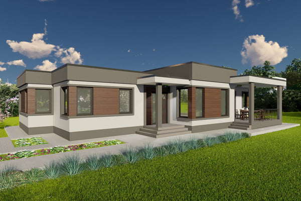 Proiect casa pe structura metalica 4 camere cu acoperis plat - design exterior casa parter 2