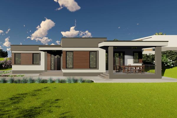 Proiect casa pe structura metalica 4 camere cu acoperis plat - design exterior casa parter 4