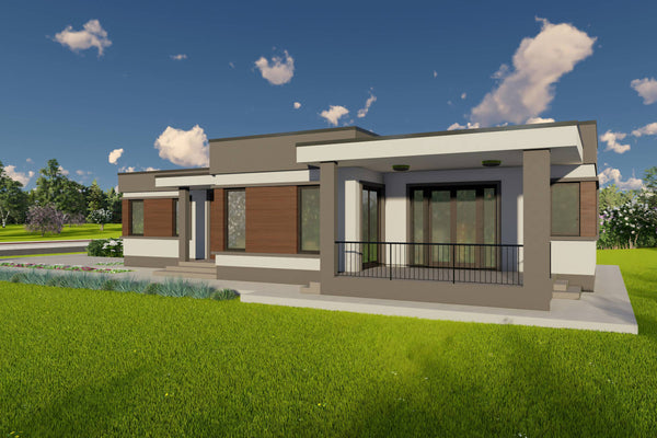 Proiect casa pe structura metalica 4 camere cu acoperis plat - design exterior casa parter 5