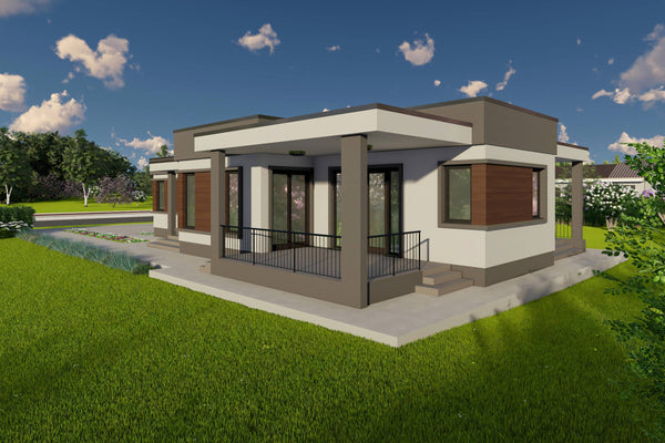 Proiect casa pe structura metalica 4 camere cu acoperis plat - design exterior casa parter 6