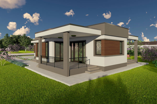 Proiect casa pe structura metalica 4 camere cu acoperis plat - design exterior casa parter 7