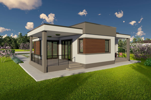 Proiect casa pe structura metalica 4 camere cu acoperis plat - design exterior casa parter 8