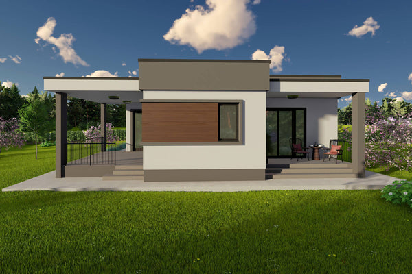 Proiect casa pe structura metalica 4 camere cu acoperis plat - design exterior casa parter 9