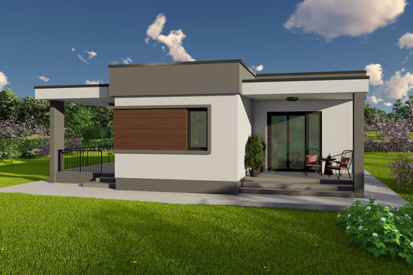 Proiect casa pe structura metalica 4 camere cu acoperis plat - design exterior casa parter 10