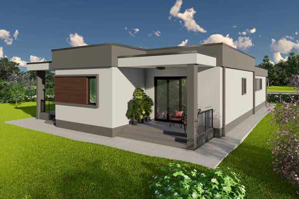 Proiect casa pe structura metalica 4 camere cu acoperis plat - design exterior casa parter 11