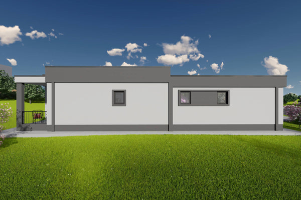 Proiect casa pe structura metalica 4 camere cu acoperis plat - design exterior casa parter 12