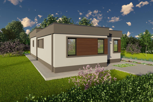 Proiect casa pe structura metalica 4 camere cu acoperis plat - design exterior casa parter 13