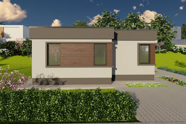 Proiect casa pe structura metalica 4 camere cu acoperis plat - design exterior casa parter 14