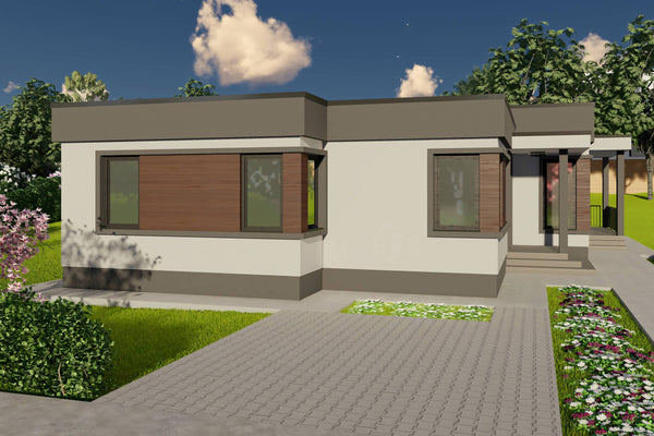 Proiect casa pe structura metalica 4 camere cu acoperis plat - design exterior casa parter 15