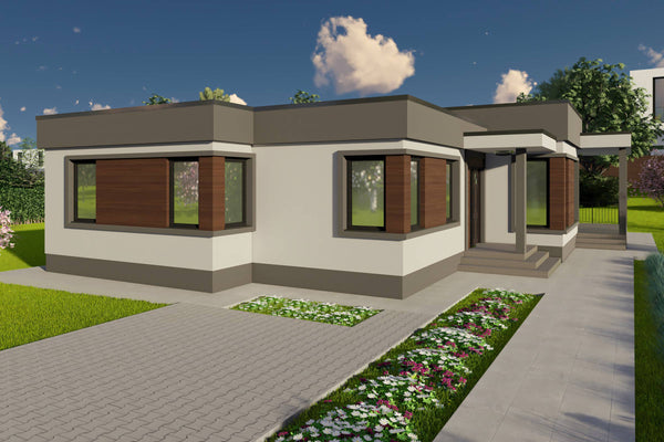 Proiect casa pe structura metalica 4 camere cu acoperis plat - design exterior casa parter 16