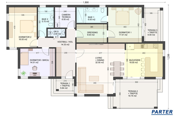 Proiect casa pe structura metalica 4 camere cu acoperis plat - design casa pe un nivel