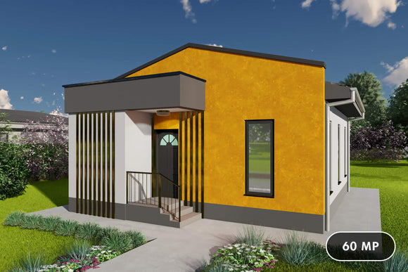 Proiect casa pe structura metalica mica parter 60mp 2 camere - fatada casa mica moderna poza 1