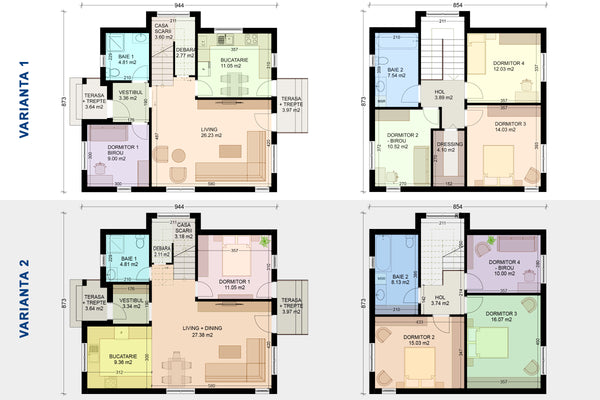 2 variante de planuri interioare comparate pentru casa cu 5 camere pe 2 nivele