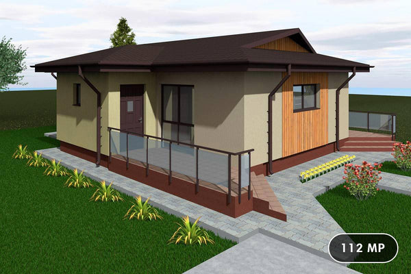 Proiect casa pe structura metalica 110 mp cu 2 camere 021 - fatada cu lemn imagine 1