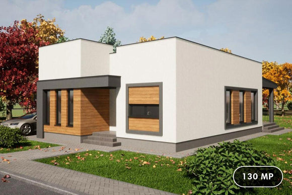 Proiect casa pe structura metalica cu 2 dormitoare fara etaj - fatada de casa moderna imagine 1