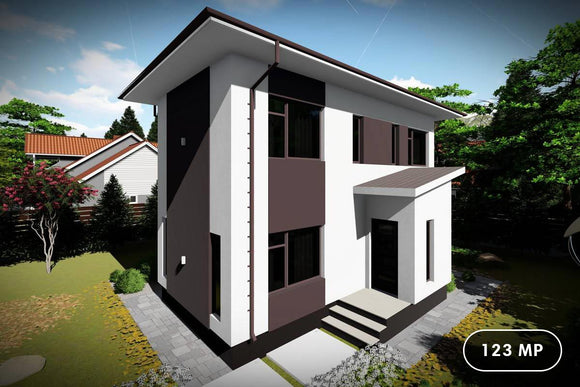 Proiect casa pe structura metalica cu etaj 120 mp 123-076 - fațada casei imagine 1