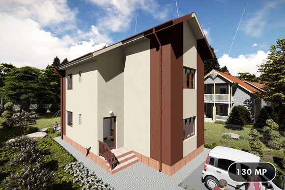 Proiect casa pe structura metalica cu etaj 4 dormitoare 088 - fatada casei imagine 1