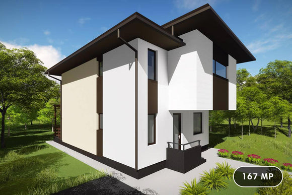 Proiect casa pe structura metalica cu etaj moderna 167-023 - fatada casa imagine 1