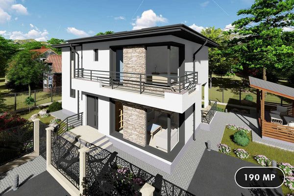 Proiect casa pe structura metalica cu etaj moderna 190-080 - fatada cu piatra decorativa imagine 1