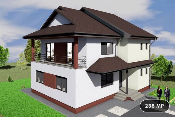 Proiect casa pe structura metalica cu etaj si balcoane 010 - model fatada imagine 1