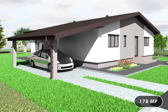 Proiect casa pe structura metalica cu terasa si garaj 178 mp - fatada de casa exterior imagine 1