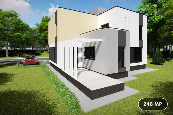 Proiect casa pe structura metalica fara acoperis cu etaj 025 - fatada de casa exterior imagine 1