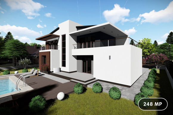 Proiect casa pe structura metalica modern pe 2 nivele 057 - fatada de casa moderna imagine 1