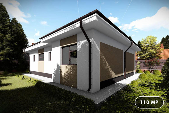 Proiect casa pe structura metalica moderna cu 3 camere 110mp - fatada de casa alba imagine 1