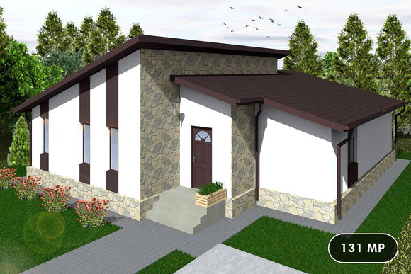 Proiect casa pe structura metalica moderna cu terasa 131-020 - fatada casa cu piatra imagine 1