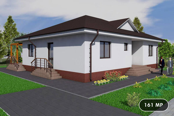 Proiect casa pe structura metalica parter cu 3 camere 160 mp - fatada de casa alba imagine 1