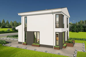 Casa 150 mp – vedere din curte evidentiind ferestrele mari si compartimentarea interioara thumbnail
