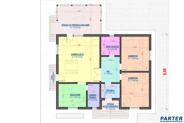 Casa BCA parter zidarie constructie cu terasa pergola 160mp -  model de compartimentare parter