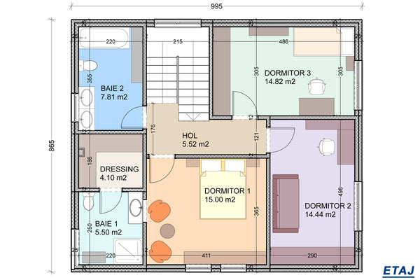 Casa de caramida sau BCA cu 4 camere constructie zidarie 104 - planuri camere etaj