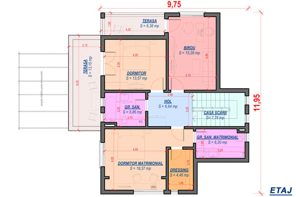 Casa din caramida constructie zidarie 4 camere cu terase 009 - schita etaj