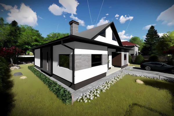 Casa din caramida sau BCA cu mansarda constructie zidarie 48 - exterior 3D casa cu horn mare imagine 5