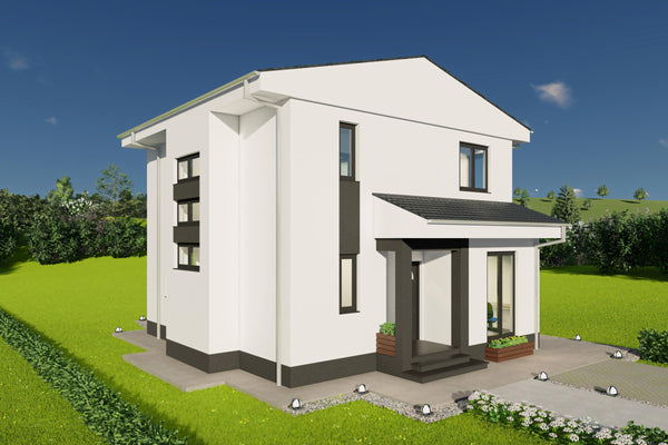 casa din profile metalice cu acces principal acoperit