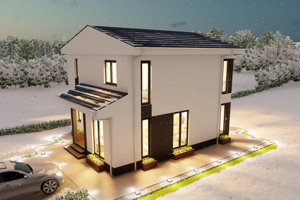 Casa pe structura metalica 150 mp cu fatada alba si tamplarie gri antracit