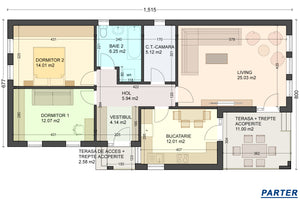 Casa structura metalica proiect cu 3 camere si terasa 115 mp - compartimentare casa stil modern imagine thumbnail