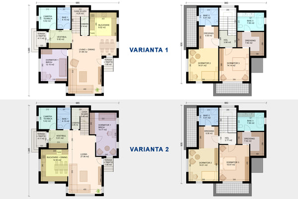 compartimentare casa cu 3 dormitoare si etaj varianta 1 versus varianta 2