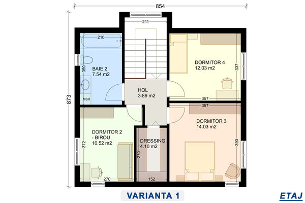 Compartimentare etaj proiect casa 4 dormitoare 2 bai varianta 1