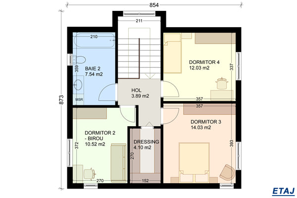 Compartimentare etaj proiect casa 4 dormitoare 2 bai