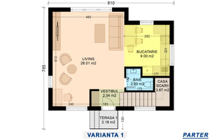 Compartimentare parter Solutia 1 pentru proiect casa cu mansarda 100 mp, cu acces prin living si bucatarie delimitata thumbnail