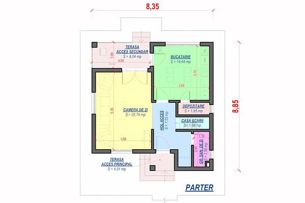 Constructie BCA sau caramida casa cu 2 dormitoare zidarie 01 -  partionare parter casa