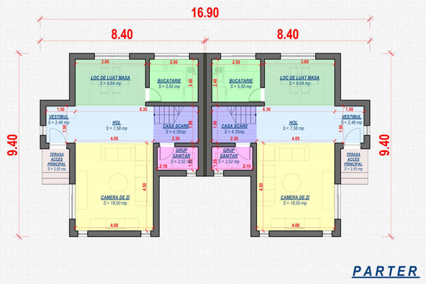 Constructie casa BCA cu etaj duplex zidarie 3 camere x2 077 - plan arhitect parter