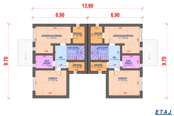 Constructie casa BCA cu etaj duplex zidarie 3 camere x2 077 - plan arhitect etaj